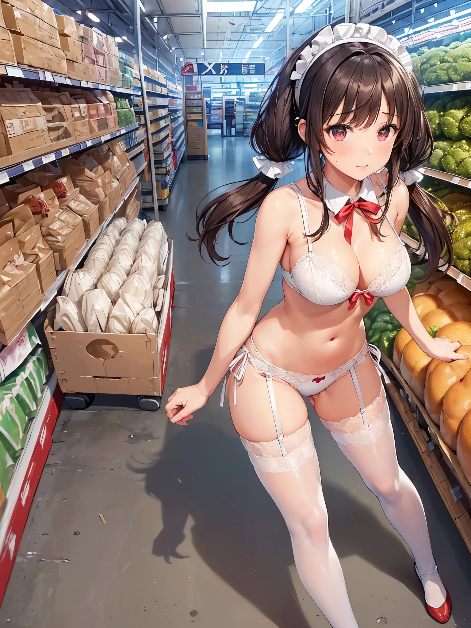 (((masterpiece, Highest quality, High resolution, 超High resolution, Perfect Pixel, Depth of written boundary, 4K, RTTX 10.0))), Beautiful Anime Woman, Beautiful art style, Anime characters, ((Smooth texture, Realistic texture, Anime CG Style:1.1)), Perfect and accurate finger count、Exact number of legs、(Exact number of arms:1.0, Exact number of hands:1.0), (Perfect hands, Perfect Anatomy), Cinematic, Realistic, Extremely detailed CG, Daytime lighting, Perfect lighting, Best Shadow, The best natural light, whole body, Perfect body, バランのとれたPerfect body, Perfectly balanced style, Soft body, Slender body, ((bangs, Dark brown hair, Twin tails, High Up)), ((A cute adult woman is walking towards me:1.8)), ((Bow tie around neck:1.3), (Sexy and cute white underwear:1.3), (Stylish shiny white satin panties, Side-tie panties, Panties with plain white center and lace decoration on the sides, Thin panties with red ribbon:1.4), (White micro lace satin bra, White bra with large lace trim around the edges, Thin bra with red ribbon:1.4), (garter belt, Garter Strings, Knee socks:1.3):1.3), (Beautiful big boobs:1.1), (Embarrassed expression:1.7), blush, (supermarket, Merchandise Shed, aisle, Many visitors in the background, Inside the crowded store:1.7), naked, In underwear, (White ruffled headband:1.3), Angle from the front