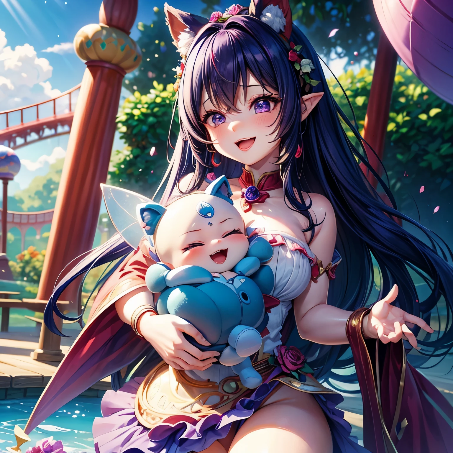Cute baby pixar style round blue and red Pomeranian baby, brat, Have cute ears, Happy laughter, Purple water eyes, With light green fairy rose sea, background, in the sun, Fairy tale world, HD Dinis, Super Detail, Wearing a beautiful garland, Play with dad at the amusement park,
