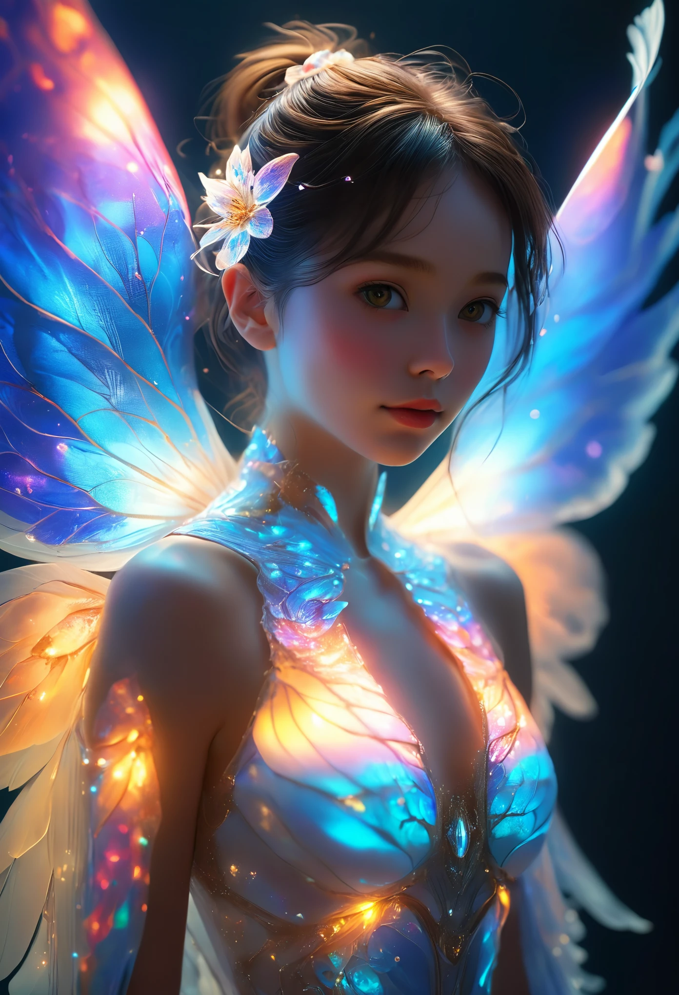 beautiful alien woman emerging from a cocoon, detailed beautiful face like cute girl and body, from back, (glowing eyes, glowing skin:1.5), intricate organic details, translucent wings, symmetrical face, ethereal lighting, cinematic, vibrant colors, digital art, highly detailed, 8k, photorealistic, whole body, Floating in the air