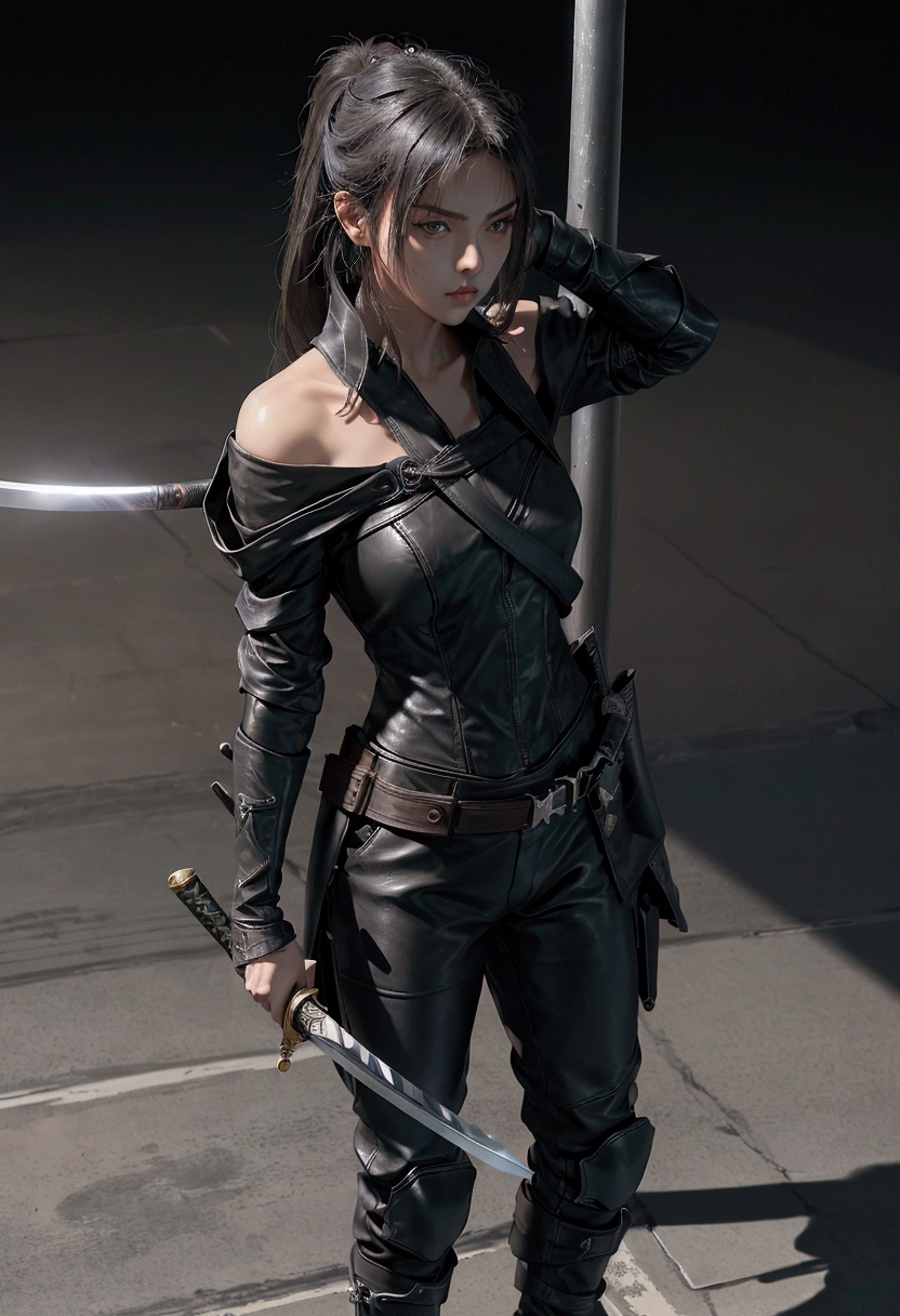 masterpiece, ultra high res, photorealistic, a assassin Girl, wear off shoulder black leather suit, holding a samurai sword, standing in the shadow of a concrete pole in dark subway train station, dynamic pose, low light, shadow effect, photorealism