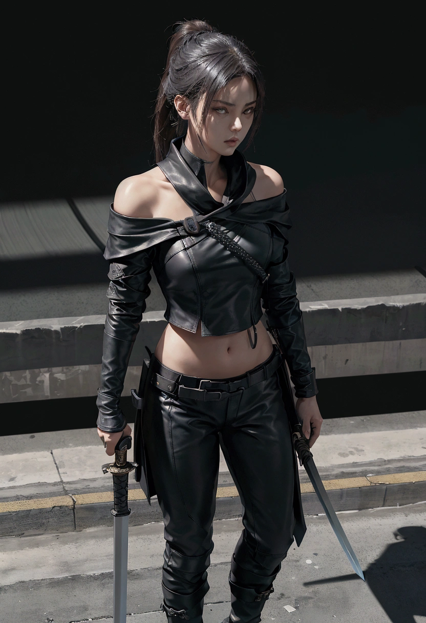 masterpiece, ultra high res, photorealistic, a assassin Girl, wear off shoulder black leather suit, holding a samurai sword, standing in the shadow of a concrete pole in dark subway train station, dynamic pose, low light, shadow effect, photorealism