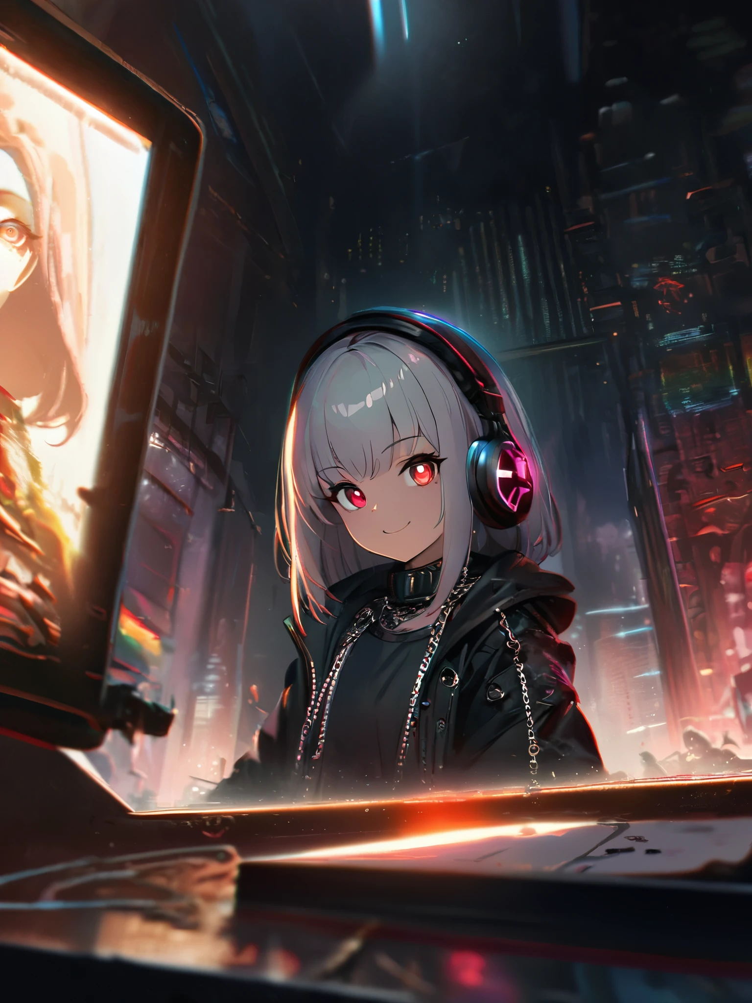 1 girl, chromatic aberration, Written boundary depth, Soft Light, masterpiece, Highest quality, complicated, Tone Mapping, Very detailed, Art Station, Concept Art, Smooth, Clear focus, Dramatic lighting, Very detailed artwork, movie, super practical painting, Art Station's trending, 8k, Incredible Shadows, practical, (Very detailed background:1.0), whole body, View, Viewers, Very detailed portrait of one girl 1, standing on street corner, Heavy rain and lightning、Dark Sky, neon and cyber punk background, she is dressed in punk clothing with silver chains and silver spikes, Her hair was dyed light brown..........,The middle part is black, She wears headphones, Detailed red eyes with clear pupils, Ominous aura of light, smile, punk, Cyber Rock, Backlight.Fashionable clothes、No knowledge of horses'tail、Dress code: Denim Outfit,Her hair is tied up cutely.