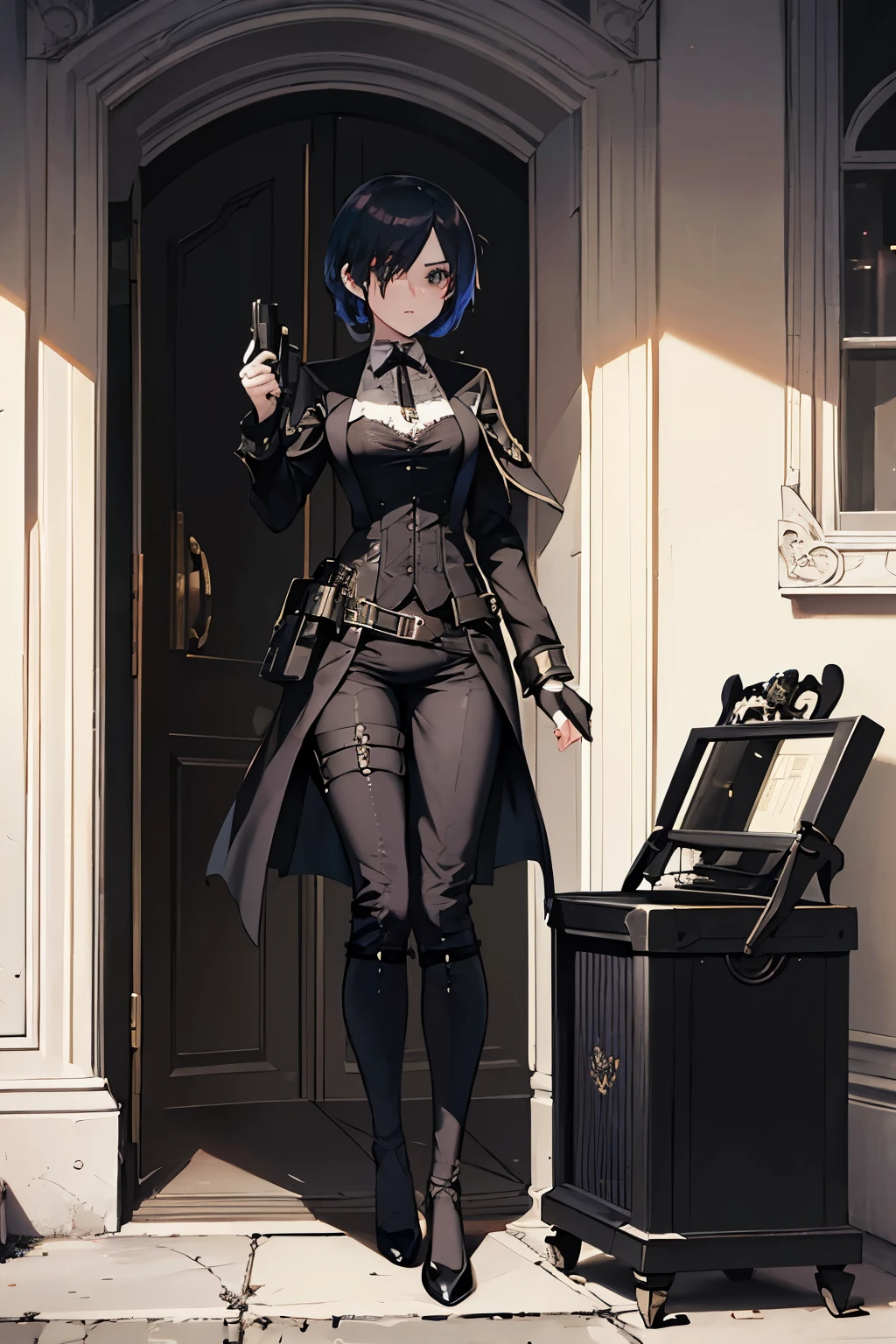 1girl, full body, spy suit, gothic costume, elegant style, steampunk reference, palace dance salon, baroque details, hidden spy weapons, spy equipment hidden in clothes, gothic punk victorian elegant clothing, correas tácticas ocultas, spy girl, tactical spy equipment