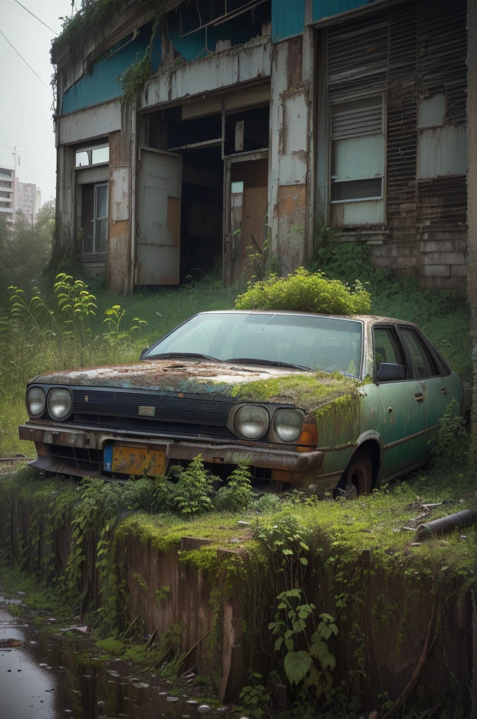 Alafid car on grass near building, overgrown城市, abandoned car, inspired by Elsa Breda, nature takes over, abandoned vehicles, nature overgrowth, by Elsa Breda, overgrown環境, by Maxim Verein, 許多overgrown報廢汽車, Photography Alexey Gurylev, Abandoned city, overgrown , ((low angle shot 1.7)) ((Camera lens close to the ground to shoot 1.8))