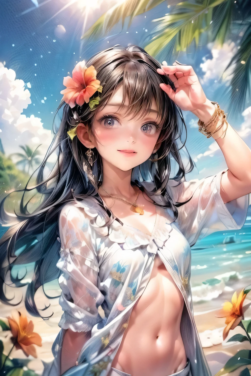 image that features a cute young girl in a bikini and a flower in her hair, Crochet Sweater Cover Up, A scene where you hold your hands up and look up at the sky, 1girl, bikini , middle-breasts, flower, Crochet Sweater Cover Up, hair flower, hair ornament, solo, smile, long hair, jewelry, bandaid, hibiscus, cleavage, bandages, bracelet, vibrant colors, navel, frills, mole, beachball, looking at viewer, grin, necklace, from below:1.4, sun, lens flare, highest quality, highres, masterpiece:1.2, 16K, Super detailed, surreal, dramatic lighting, chiaroscuro, smooth skin with marble texture, elegant and gentle look, ancient castle architecture fantasy background, hair ribbon, head tilt, little smile, blushed cheek, through bangs:1.2, bright eyes, shining pupils, (beautiful detailed eyes, beautiful detailed full lips, extremely detailed eyes and face, long eyelash, thighs), hyper realistic, photorealistic:1.37, vibrant colors, warm tone