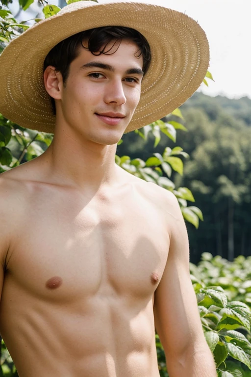 young cute handsome pretty beautiful white face soft skin skinny short hair shirtless naked picking vegetables hat cute man's butt