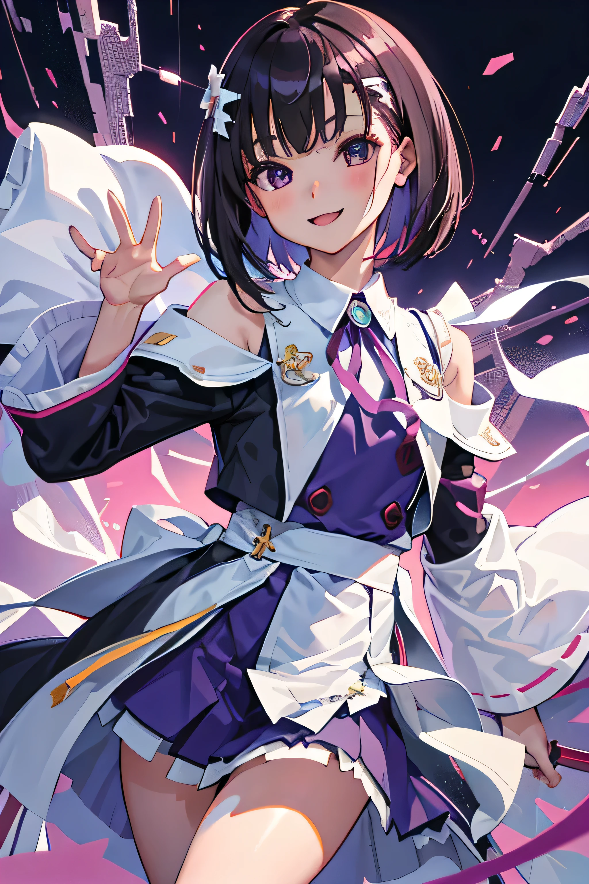 (masterpiece,highest quality),(:1.3),(Misaka Mikoto style uniform),Purple Uniform,(Black-haired,Short Bob),smile,Delicate body, body,shoulder