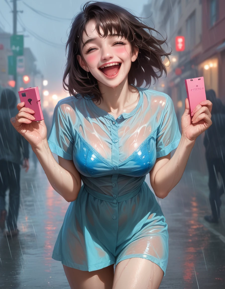 masterpiece, absurdres, ultra high res,(photo realistic:1.4),1 girl,big laugh, 18 yo,medium breasts,brown medium hair, ((heavy rain, fog, wet, see through)),(blue high ,nounderwear),standingschoolentrance,A woman with an adult toy between her legs, squirming under the remote control operation of Tobikko,The crotch is dripping with a bewitching love juice, which is coating the underwear and inner thighs.She looks at me with a blush on her face.,underwear,city view,