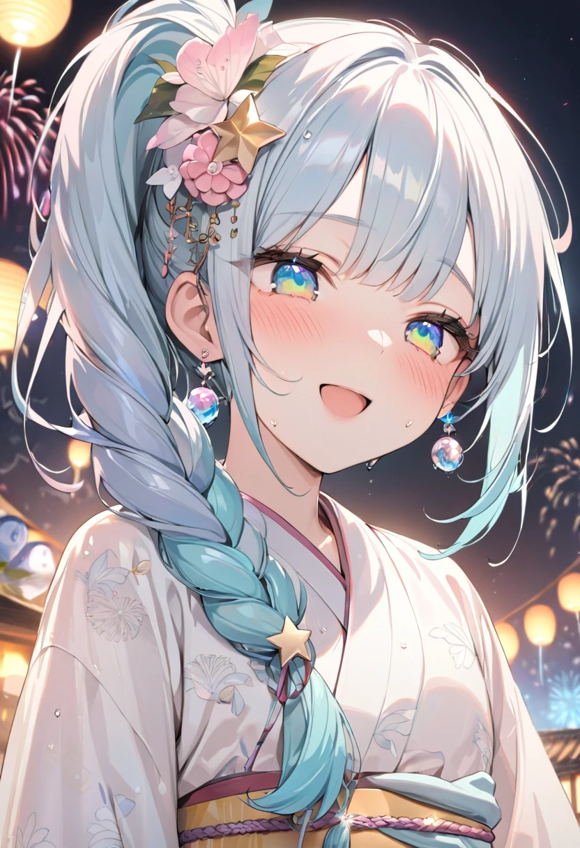 
masterpiece, best quality, extremely detailed, (illustration, official art:1.1), 1 girl ,(((( light blue long hair)))), ,(((( light blue long hair)))),light blue hair, , long hair ((blush)) , cute face, masterpiece, best quality,(((((a very delicate and beautiful girl))))),Amazing,beautiful detailed eyes,blunt bangs((((little delicate girl)))),(((tareme))),droopy eyes.(true beautiful:1.2), sense of depth,dynamic angle,,,, affectionate smile, (true beautiful:1.2),,(tiny 1girl model:1.2),)(flat chest), "A woman in a beautiful white yukata with hydrangea patterns. The obi of the yukata is pink and adorned with shining pearl accessories. The background features fireworks lighting up the dark night sky with vibrant colors, beautifully illuminating her."colored inner hair, side ponytail, hair one side up, shiny hair, wet hair, tied hair, low-braided long hair, lone nape hair, kanzashi, star hair ornament, bunny hair ornament, musical note hair ornament, multicolored eyes, aqua eyes, gradient eyes, gradient_eyes, longeyelashes, solid circle eyes, crescent earrings, glint, happy, laughing, Surrealism, anime, sparkle, 8k, super detail, UHD, accurate, masterpiece, anatomically correct, textured skin, super detail, high details, high quality, award winning, best quality, highres
