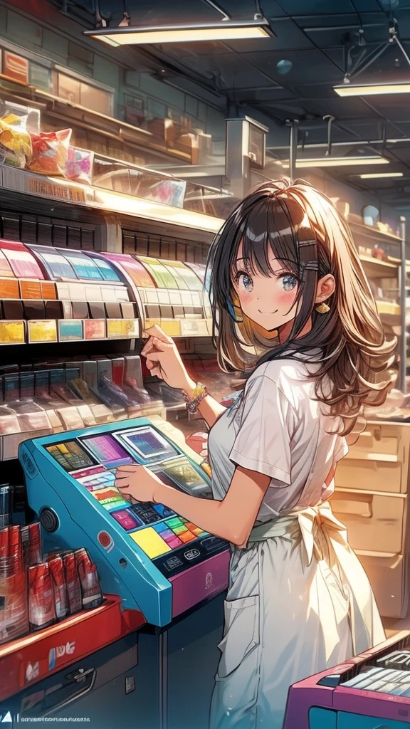 young woman,smile,((Standing inside the cash register)),Touching the cash register machine,Customer Service,((There is a cash register on the table)),(Scanning product barcodes at the cash register)),Supermarket clerk,Wearing an apron,((Working as a cashier)),((Cashier)),((cashier,register,)),((Receive money from customers)),There are products on the shelves,In the supermarket,Bright interior