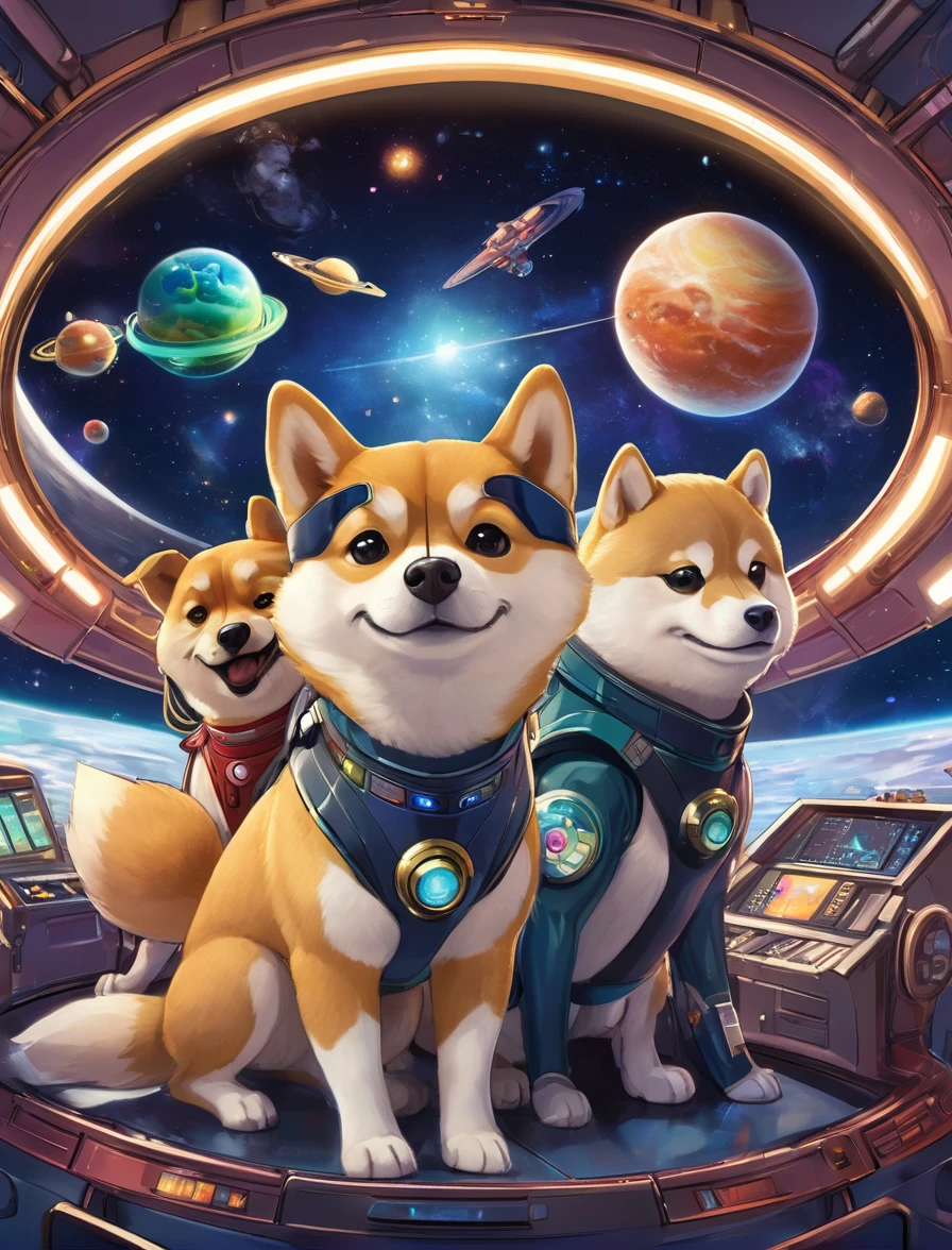 Aboard the spaceship BlonkFi, the charismatic potato captain leads his crew of meme mascots—**Pepe**, **Shiba Inu**, and **Loki**—on an adventure through a new galaxy. The ship glides through space, its sleek design illuminated by futuristic lights.
At the helm, the potato captain, wearing a captain's hat, steers the ship with determination. **Pepe** gazes in wonder at the stars, **Shiba Inu** mans the communication console, and **Loki** tinkers with gadgets at the engineering station.
The vibrant anime-style interior features metallic surfaces and holographic displays. The crew's camaraderie shines as they navigate nebulae, asteroid fields, and mysterious planets, capturing the essence of exploration and teamwork in their expressive faces.