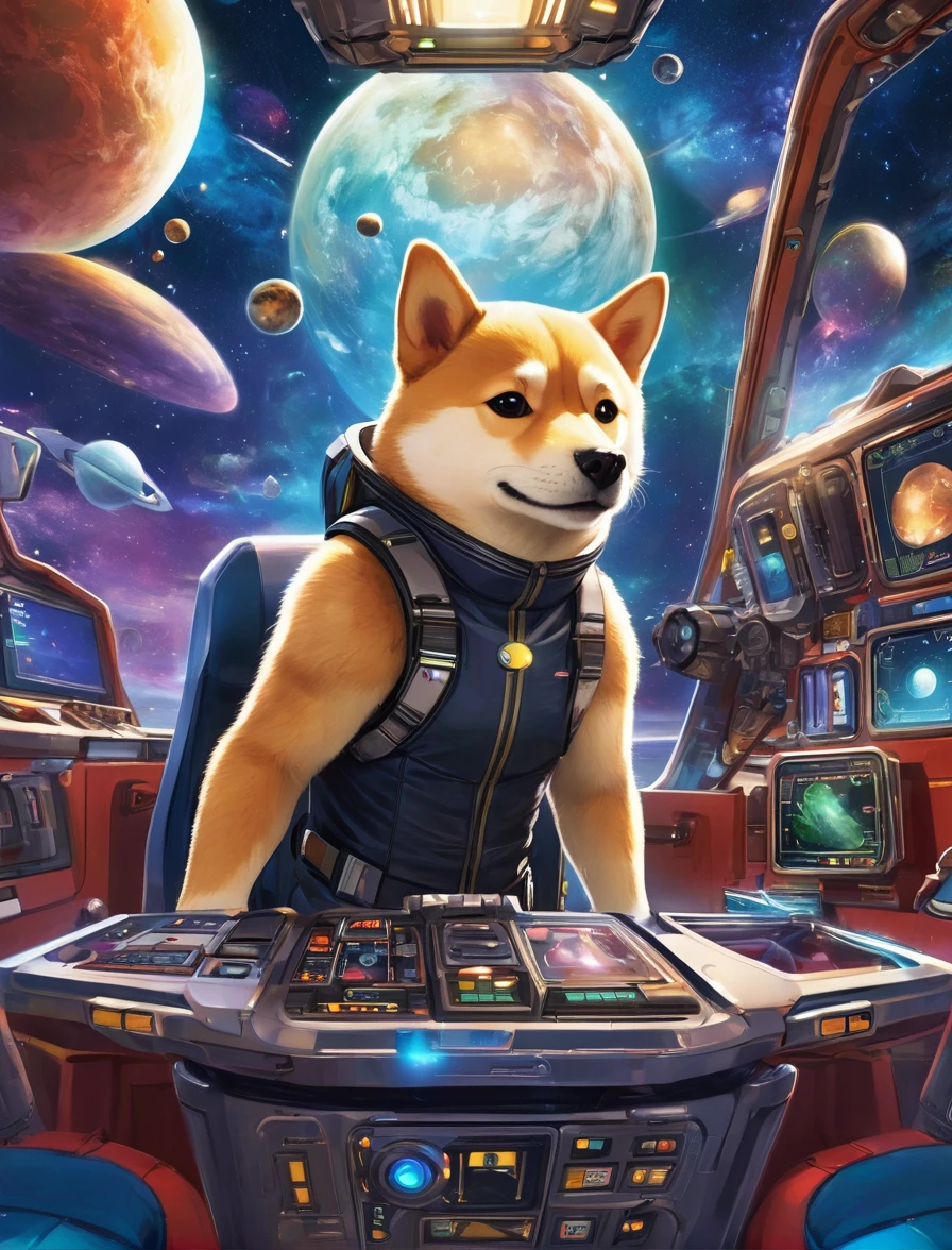 Aboard the spaceship BlonkFi, the charismatic potato captain leads his crew of meme mascots—**Pepe**, **Shiba Inu**, and **Loki**—on an adventure through a new galaxy. The ship glides through space, its sleek design illuminated by futuristic lights.
At the helm, the potato captain, wearing a captain's hat, steers the ship with determination. **Pepe** gazes in wonder at the stars, **Shiba Inu** mans the communication console, and **Loki** tinkers with gadgets at the engineering station.
The vibrant anime-style interior features metallic surfaces and holographic displays. The crew's camaraderie shines as they navigate nebulae, asteroid fields, and mysterious planets, capturing the essence of exploration and teamwork in their expressive faces.