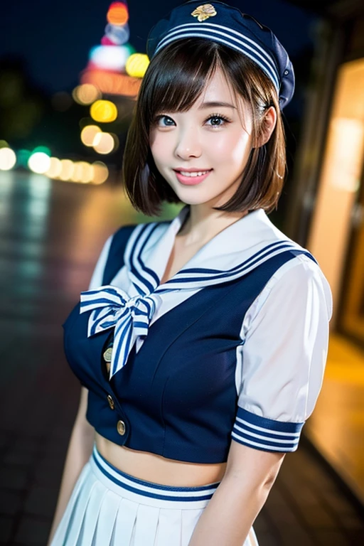(2girls, youthful & beautiful women, age 20s, wearing the iconic japanese highschool uniform, white shirt with buttons, pleated mini-skirt, red neck collar ribbon, serafuku, ponytail hair, short hair, bob hair with side bangs, sailor hat, sailor uniform,
BREAK
Friendly Kind smile, cute expressions, beautiful detailed eyes, very detailed eyes & facial features, long eyelashes, beautiful detailed lips, natural color lips, dimpled cheeks, snaggle-tooth, ample round bosom, huge breasts, perfect body anatomy, natural poses, warm touch, the cowboy shot, high angle shot, Tokyo Tower night sky,
BREAK
Photorealism, Ultra-realistic, portrait, vivid colours, photo-realistic, UHD, 4k, 8k, ultra-detailed, finely detailed, high resolution, masterpiece, best quality, illustration, perfect dynamic composition, depth of field, night bokeh background, safe for work, SFW)
