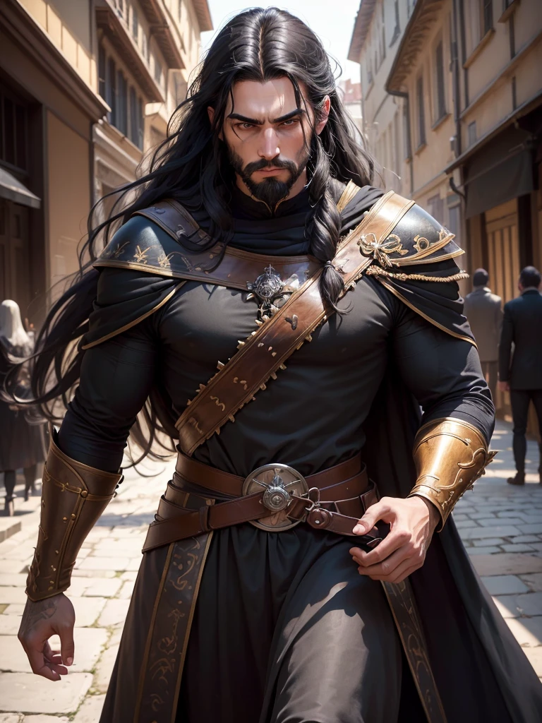 ((best qualityer)), ((work of art)), (detailded), 8k, 4K, hight contrast, work of art, Meticulous attention to facial features and hair strands , an adventurous man with long straight black hair,barba ,black mantle,layer , fully body ,battle costume ,in the background medieval city ,clear lighting, detailed shadows