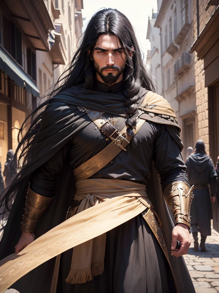 ((best qualityer)), ((work of art)), (detailded), 8k, 4K, hight contrast, work of art, Meticulous attention to facial features and hair strands , an adventurous man with long straight black hair,barba ,black mantle,layer , fully body ,battle costume ,in the background medieval city ,clear lighting, detailed shadows