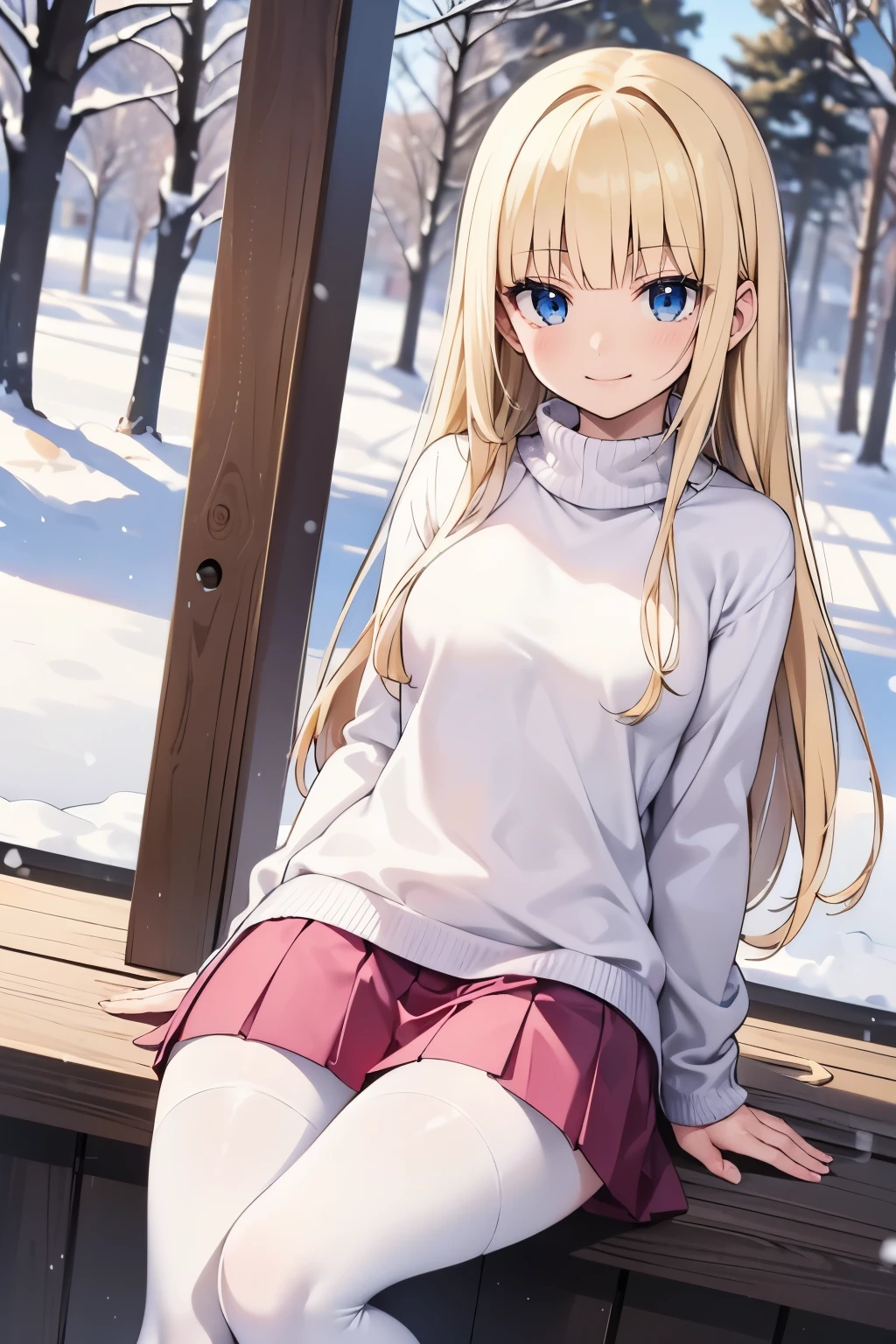 Safe for work, masterpiece, best quality, solo, 1 girl,  cute girl, wholesome girl, (young female body:1.4), ( medium small breasts), cowboy shot, shy smile, flustered, yellow hair, voluminous wavy hair, extra long hair, hime cut, very blunt bangs, light blue eyes, detailed eyes, snowy forest trees, snow, hiro mashimav1, pink pleated skirt, white knitted jumper, knitted sweater, oversized white sweater, short pink skirt, white pantyhose, pink skirt, sitting in the snow, butterfly sitting, 