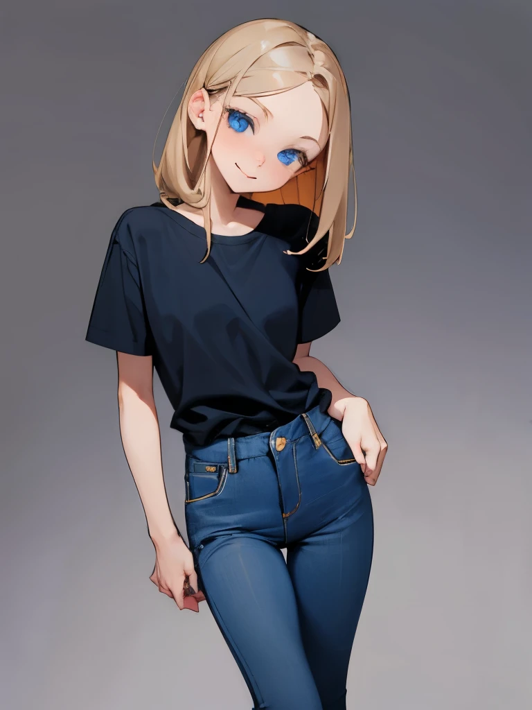 Girl with dark blonde hair halfway down her back, , blue eyes, basic dark blue shirt with a yellow smile emoji in the middle, and jeans