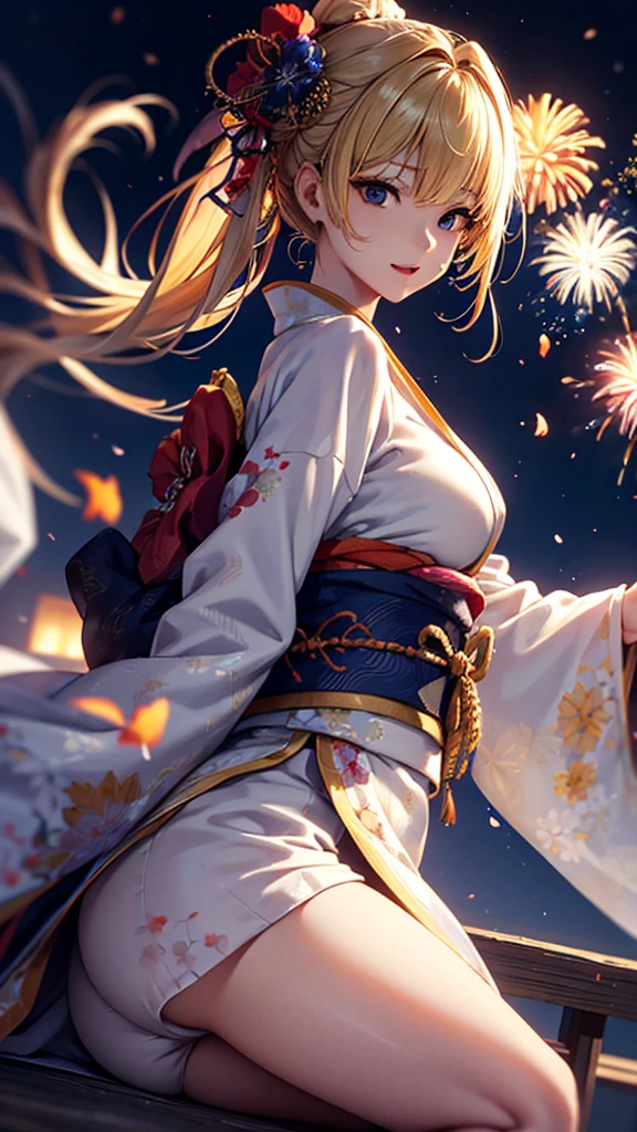 masterpiece, high quality, 4K, Beautiful design, blonde， 非常に詳細な夜のStarry Sky,Summer festival， wonderful, Finer details,  Very knowledgeable woman, Highly detailed solo, 1 female,Big Breasts，Stall，Butt Emphasis，Yukata in white color，Night view，Starry Sky，How to sit，firework，