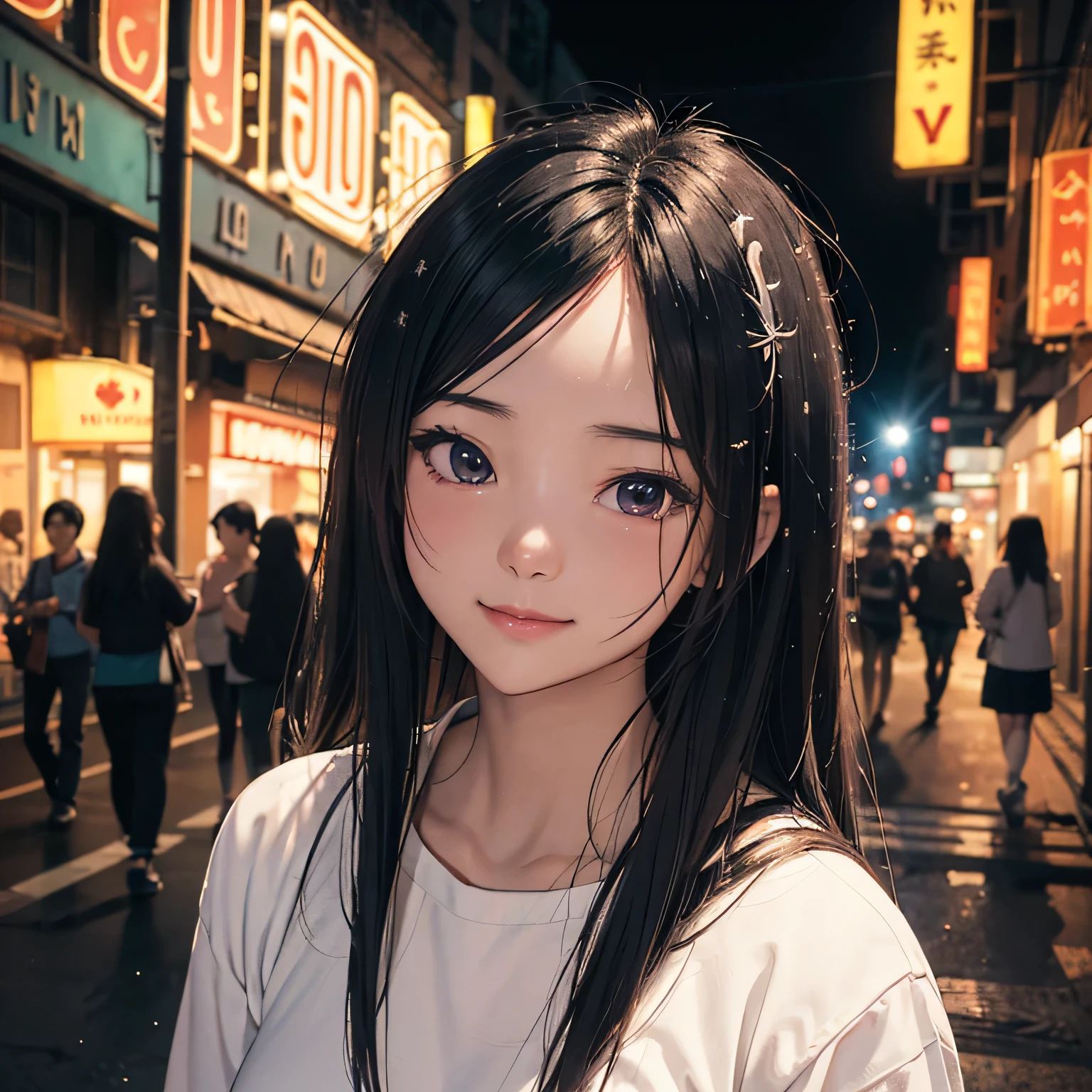(best quality), (masterpiece), a background image for Lofi Music with a Vietnam girl, (Vietnam girl:1.1), (Lofi Music:1.3), (serene expression:1.3), (ray tracing:1.3), (realistic:1.5), City of the Night, neon signs on the street sparkle,City of the Night,Smiling look