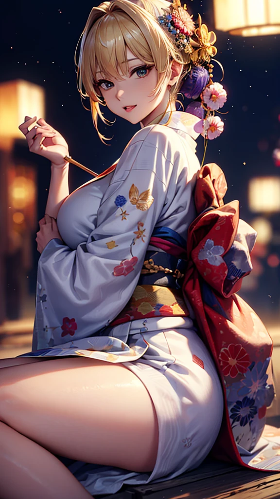 masterpiece, high quality, 4K, Beautiful design, blonde, 非常に詳細な夜のStarry Sky,Summer festival, wonderful, Finer details, Very knowledgeable woman, Highly detailed solo, 1 female,Big Breasts,Stall,Butt Emphasis,Yukata in white color,Night view,Starry Sky,How to sit,firework,