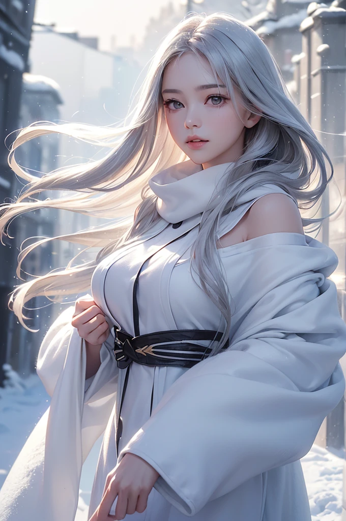 ((masterpiece:1.5、8k、Portraiture、フォトリアリスティックでVery detailedなCG、Very detailed、Particle Effects、Dynamic Effects、Shallow depth of field、Cinematic Light、Lens flare、Ray Tracing、Tabletop、Realistic:1.4、Ultra-high resolution:1.2、Realistic、Realistic))((alone、,A woman wearing a cashmere coat over an off-the-shoulder dress:1.4、wear a long scarf、Elegant woman posing、Detailed face、bright表情、young, bright, Whiter skin、Ample breasts、Best Looks、Ultimate beauty、Shiny silver hair with highlights、bright and shiny hair,、Super long, Silky straight hair、Hair dancing in the wind))(morning、The setting is outdoors in the snow、Surrounded by illuminations)