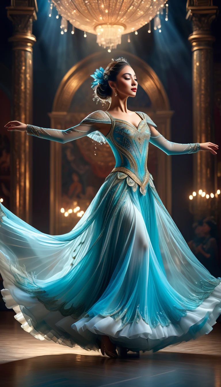 a beautiful dancer, Bold and powerful composition, detailed and enchanting details, (best quality,4K,8K,high resolution,artwork:1.2),Ultra-detailed,(realistic,photorealistic,photo-realistic:1.37),stunning costume , graceful movements, captivating facial expressions, dramatic lighting, cinematic framing, professional 3D rendering, ethereal fantasy, whimsical imagination, surreal elegance