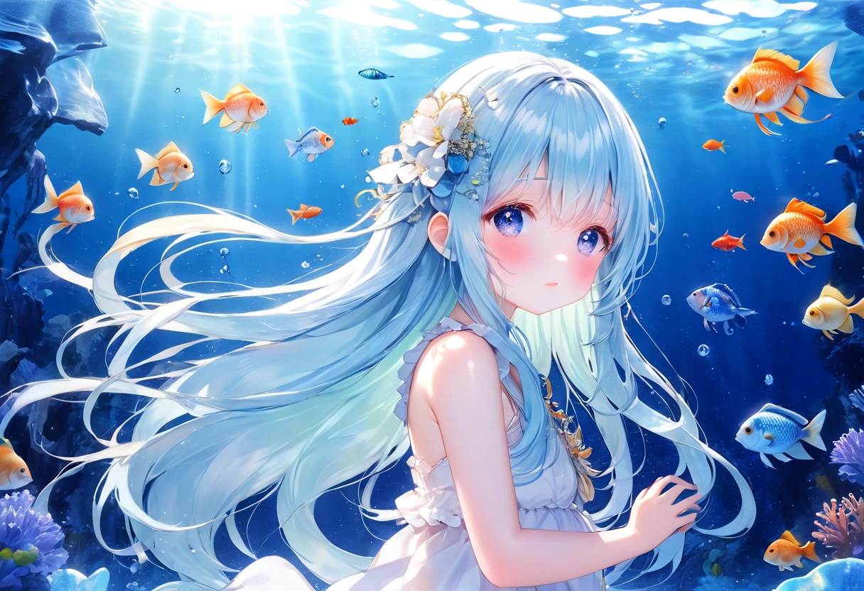 masterpiece, best quality, extremely detailed, (illustration, official art:1.1), 1 girl ,(((( light blue long hair)))), ,(((( light blue long hair)))),light blue hair, long hair ((blush)) , cute face, big eyes, masterpiece, best quality,(((((a very delicate and beautiful girl,))))),Amazing,beautiful detailed eyes,blunt bangs、((((little delicate girl)))),tareme(true beautiful:1.2), sense of depth,dynamic angle, ,, (masterpiece, highest quality), Beautiful illustrations,Wide aquarium, Long Eyelashes, aquarium、A girl standing in front of a huge aquarium、Large single glass aquarium、Dimly lit interior、Quiet atmosphere、Girl looking up at a fish tank、There is a girl in the center、Angle of view from the rear、A tank much taller than the girl
,Whole body,full body,(((lots of swimming colorful fish)))