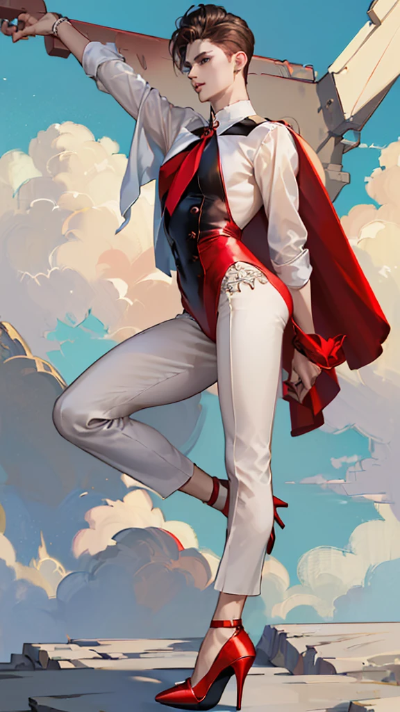 (((Boy wearing red high heels））
Super Tilt Angle、far and near method、masterpiece、Ultra-high resolution、Precisely、Detailed、beautiful、Androgynous male model boy who looks good in high heels





