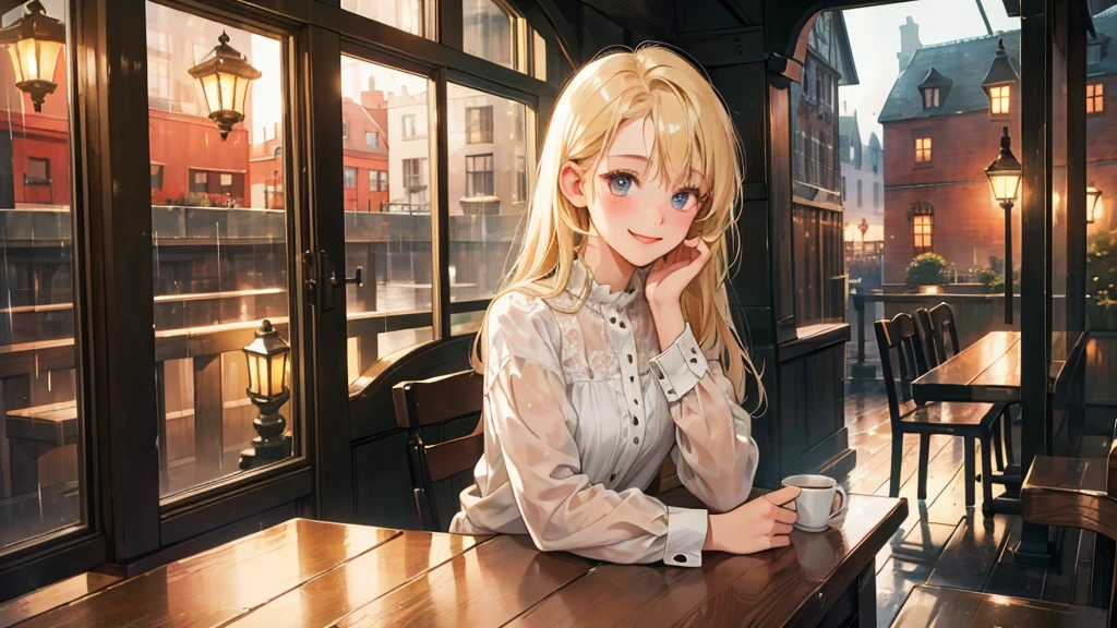 (High-resolution, Best quality, Detailed) capturing a warm and inviting (landscape:1.4) of a cozy café nestled in the city on a rainy day. highlighted by the soft, melancholic glow of lamplight streaming through drizzle-spattered windows.
a girl with a sweet smile and a charming face.