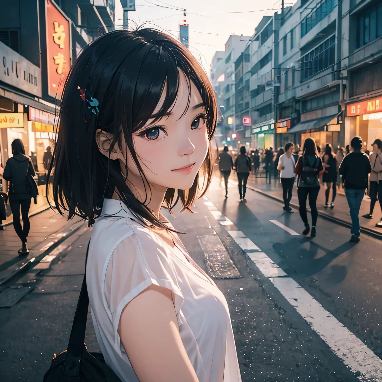 (best quality), (masterpiece), a background image for Lofi Music with a Vietnam girl, (Vietnam girl:1.1), (Lofi Music:1.3), (serene expression:1.3), (ray tracing:1.3), (realistic:1.5), City of the Night, neon signs on the street sparkle,City of the Night,Smiling look