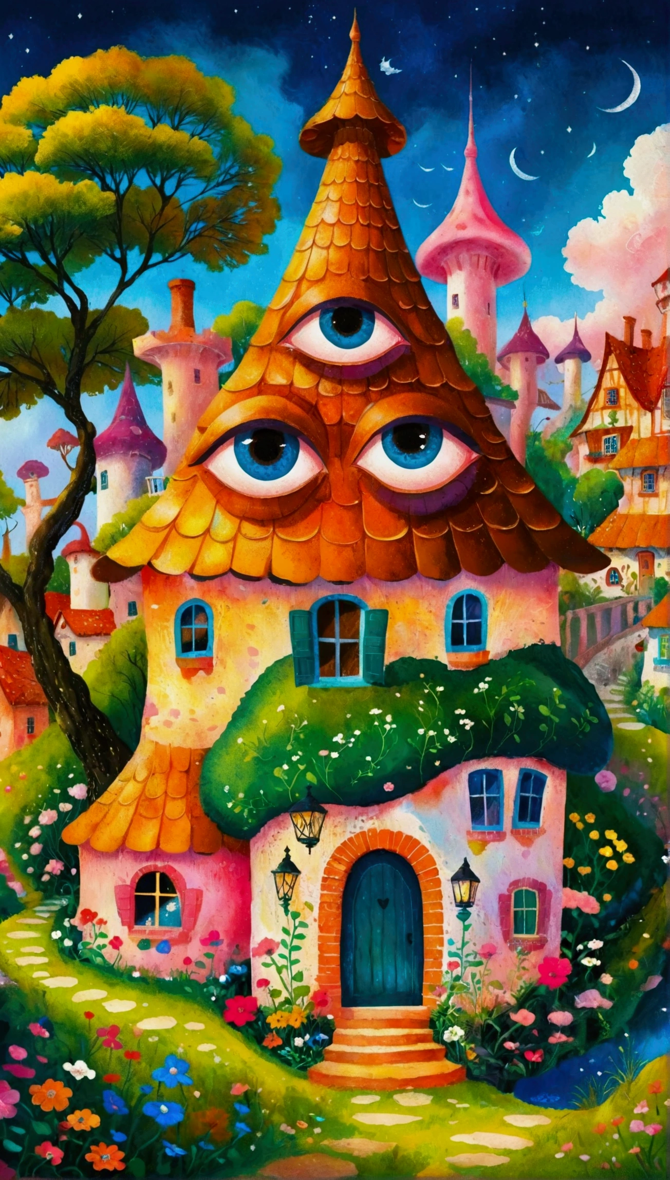 Artists from the stars，Pastel Art：长满Eye的城堡，(((Eye)))，Twisted Castle，Colorful black，植物上的Eye， Popular trends on pixabay, Childish Art, Fantastic art, Fantastic and psychedelic, rich and colorful house, sunlight and Fantastic houses, Fantastic fantasy landscape art, rich and colorful illustration, rich and colorfull illustration, Magical Village, Fantastic!!, Wizarding World. rich and colorful, Fantastic!!!, colorful、Rich details waiting to start 
