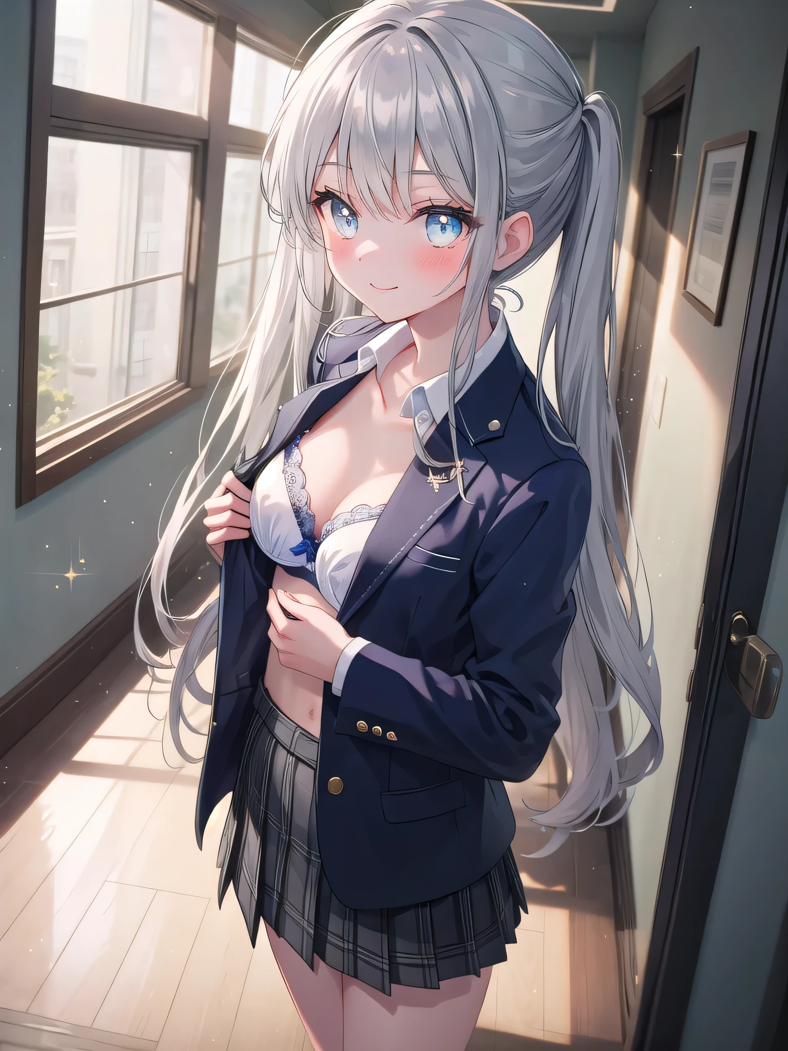 (8K, Best Quality, Masterpiece:1.3)), Ultra High Resolution, (1 Girl, 1 Person), (Color Changing Eyes, Super Detailed, Expressive Sparkle, Sparkling, Glowing Eyes), Highly Detailed Eyes, Highly Detailed Face, Random Hair, (Silver Gray Color), "Woman wearing a blazer with a low neckline." The background is a school hallway, with light coming in through the windows brightly lighting up the entire hallway. It is after school, and the hallway is quiet. The woman is captured from an angle above, with her silver hair tied in twin tails.
She is wearing a navy blue blazer with a low neckline. The V-shaped cut of the blazer emphasizes her chest, and a cute yellow bra can be seen underneath. The bra has a small floral design, and the fabric of the blazer fits her body. The skirt of the uniform is above the knees, and the front of the blazer seems to be slightly open.
She has a relaxed smile on her face, with a slight blush on her face. Her figure blends in with the tranquil atmosphere of the hallway, and the lighting in the background adds a soft glow to the whole image.
