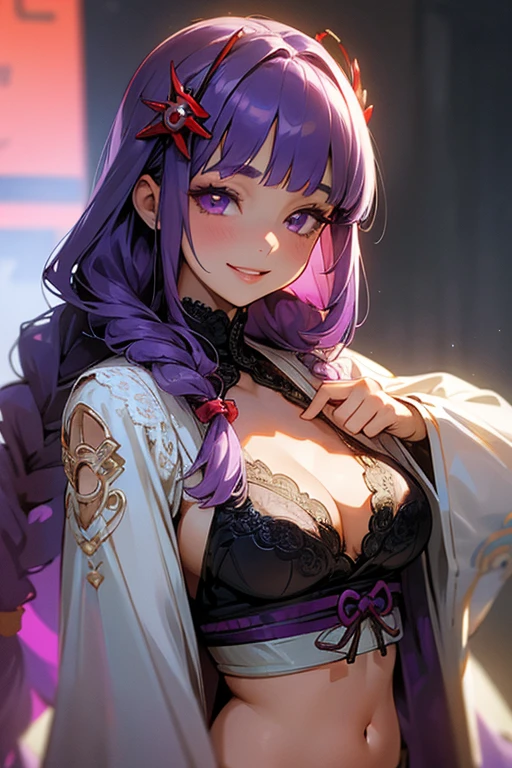 1 girl, Blunt bangs, Braiding, Wide sleeves, hair ornaments,Obi says, (Purple Hair:1.2), Very long hair, Straight hair, Looking at the audience, Highly detailed background, (Realistic:1.2), Beautiful Eyes, Red eyeshadow, thigh, (Urzan-6500:0.7), Upper Body, (alone:1.2), (Cyberpunk City:1.1), Cleavage,,Glowing Skin、(Navel exposed).((Face close-up))、((smile))、(Lace clothes).((Smiling with teeth showing)).
