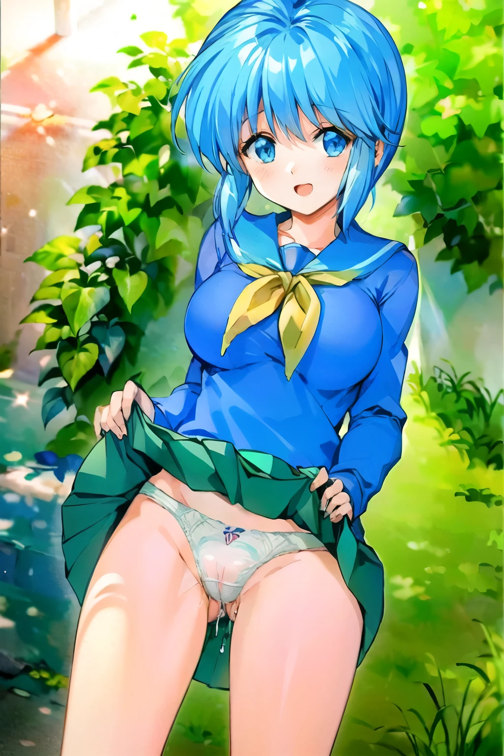 (masterpiece),(best quality),ultra-detailed,illustratio,Explicit,Beautiful body,Beautiful Nose,Beautiful character design,perfect eyes,perfect face,wallpaper,ultra highres,4K,photography,(Beautiful, large breasts:1.2),(beautiful face:1.2),(beautiful legs, perfect legs),(Beautiful ,large hip:1.2),shiny skin,anime screencap,official style,BREAK,1girl,solo only,Saki Nijino,school_uniform,white panties,BREAK,blush,happy smile,cameltoe,pussy juice stain,standing,open stance,leaning forward,lift skirt,show panties,female masturbation,BREAK,cowboy shot,looking at viewer,from behind,in the park