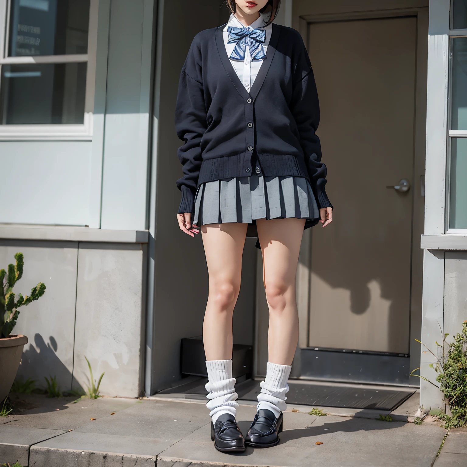 (invisible, no humans, headless, handless, faceless:1.7),cute big breasts, dynamic angle, (cardigan, bowtie:1.3), (school uniform, pleated skirt, black footwear, white socks, loafers, grey skirt, loose socks), high resolution, (8k, RAW photo, best quality, masterpiece:1.2), (realistic, photo-realistic:1.37), photon mapping, radiosity, ((Hasselblad photography)), physically-based rendering