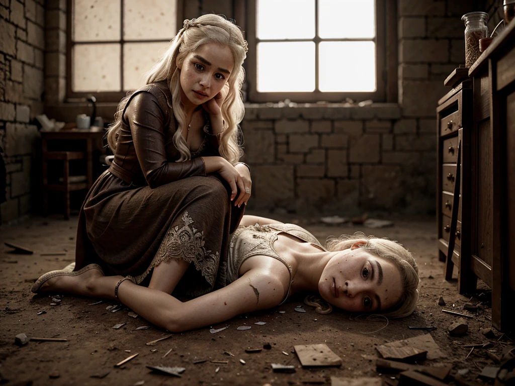 dead bloody body of a warrior, dust, fog, pain, A trickle of blood flows on the ground.