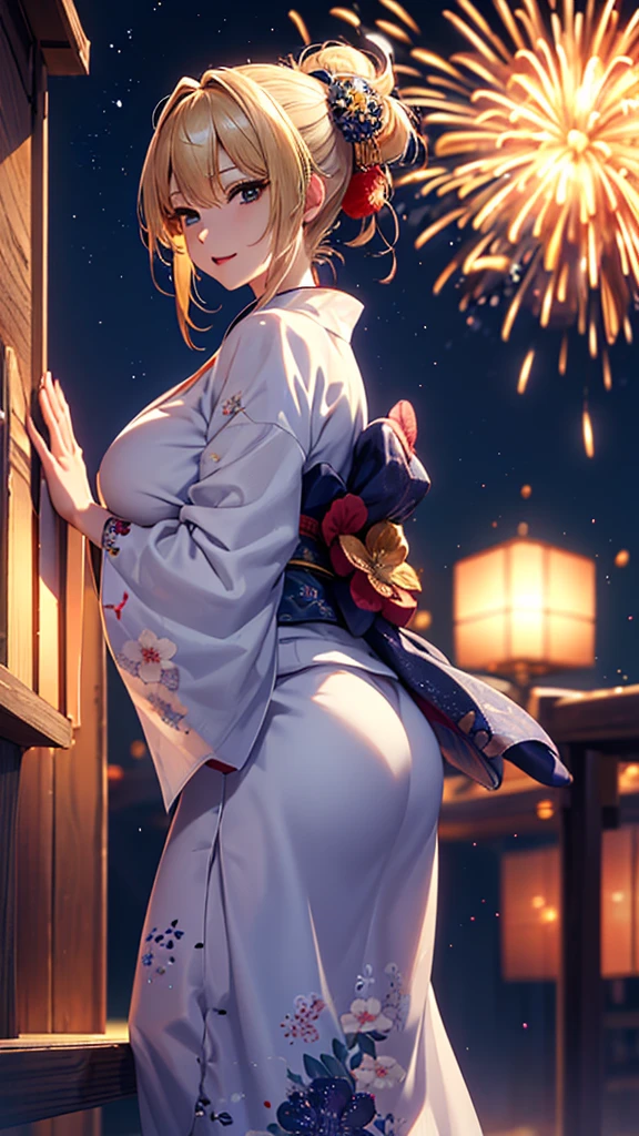 masterpiece, high quality, 4K, Beautiful design, blonde, 非常に詳細な夜のStarry Sky,Summer festival, wonderful, Finer details, Very knowledgeable woman, Highly detailed solo, 1 female,Big Breasts,Stall,Butt Emphasis,Yukata in white color,Night view,Starry Sky,firework,