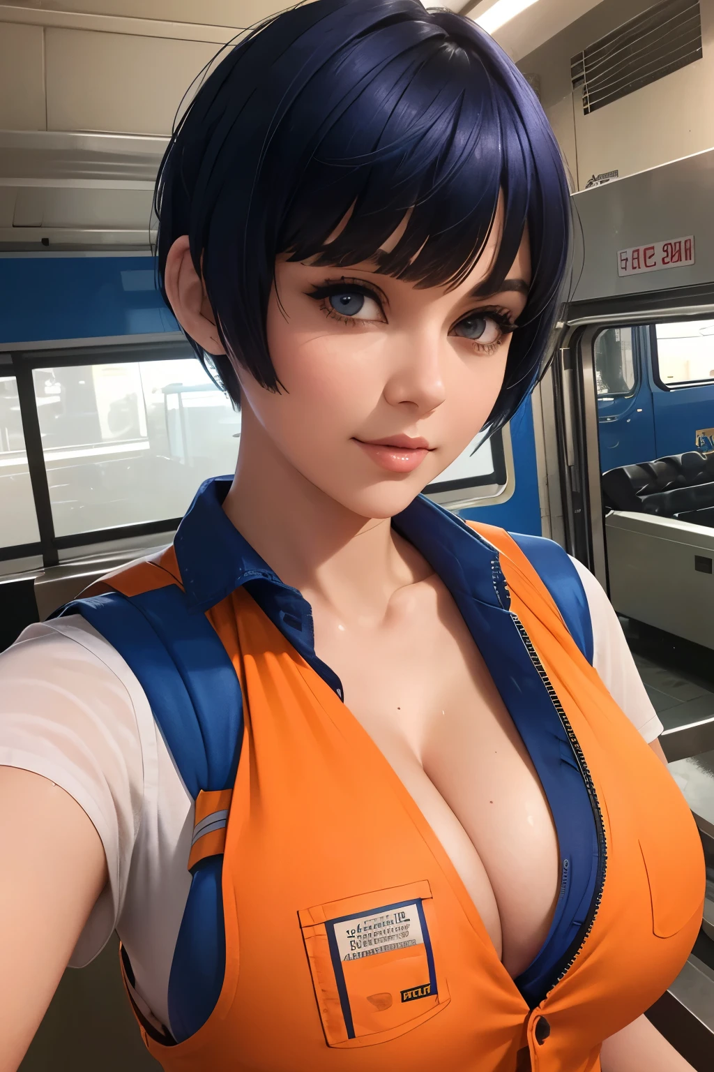 Woman, ((hair color [Dark Blue hair], [pixie cut with bangs] hair)), Blue Jeans, Red Work Shirt, ((Orange Safety Vest)), Very Large Breasts, Cleavage, Plunging Neckline, Thicc Woman, (Taking a Selfie), at Train Yard