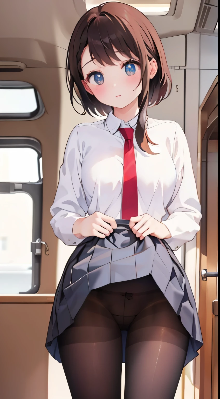 finest, masterpiece, High resolution, (Full body view from head to toe), Composition from slightly below the front, Symmetrical, 18 years old, slim and beautiful girl, alone, (small breasts), (not wearing shoes),Unkempt brown hair, bangs, (black tights), (black pantyhose), tied up with both arms hidden behind the back, , blush, shy big eyes, looking at camera, blazer uniform, plaid pleated skirt、Panties around ankles、Black knee-high socks、Spread your legs、Exposing the breasts、Bare your breasts、No panties