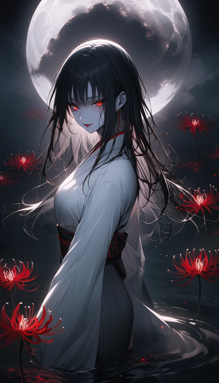 Black, white and red spider lilies in full bloom illuminated by the light of the full moon,A light-colored kimono that is so thin it is almost transparent,Beautiful long straight black hair,Red lipstick,A mysterious and seductive smile,Pale skin,Standing by the water,The human soul is floating