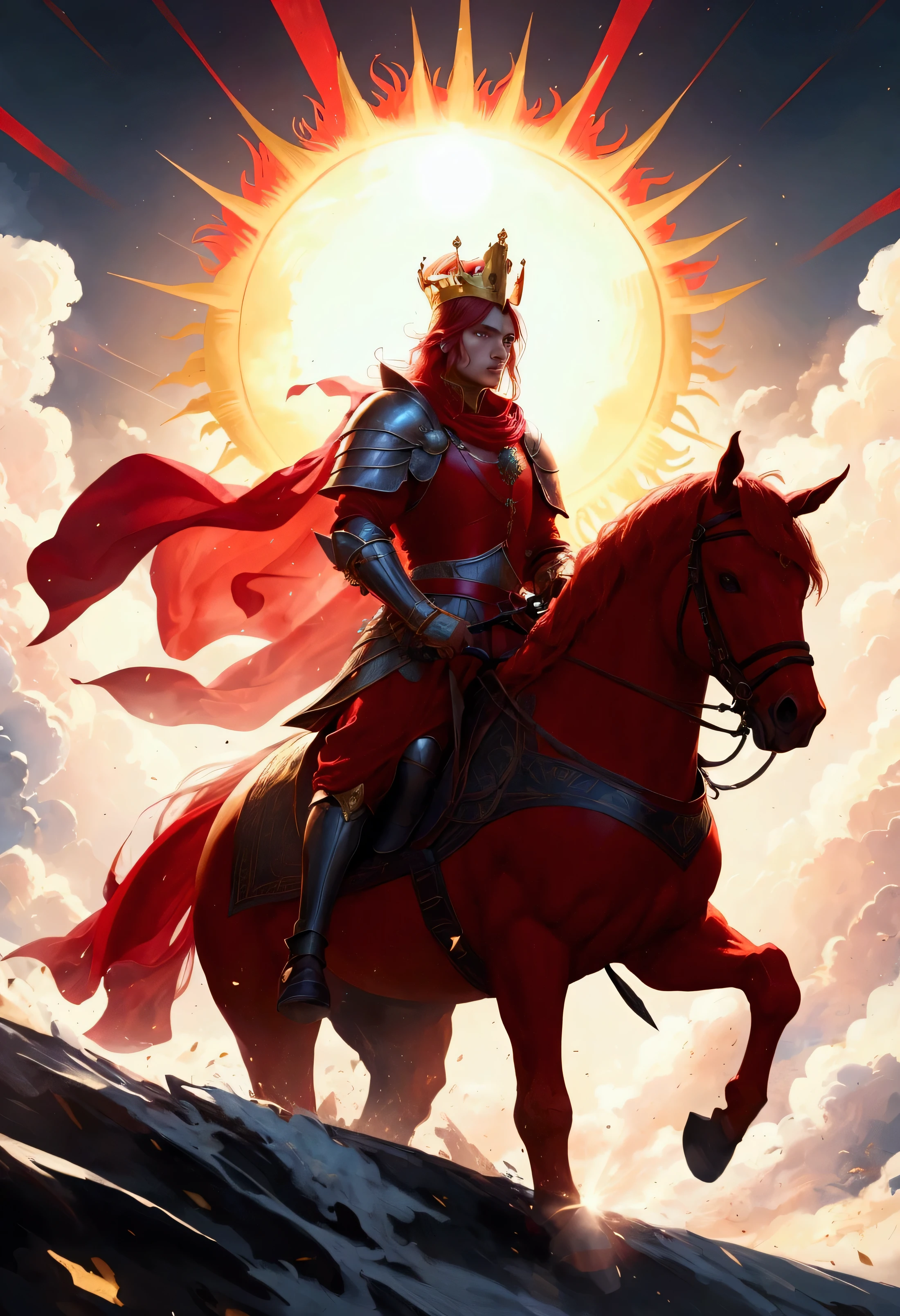a knight in red clothes, riding a red horse, and has a gold crown on his head. He is a powerful warrior and in the background there is a huge sun