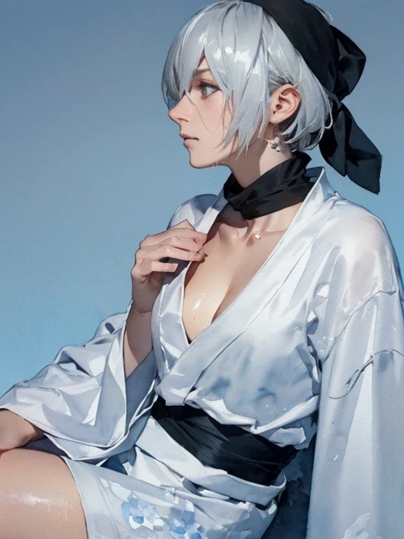 {erotic face,anguish,(patience:1.1),(very ecstasy:1.2),(writhing:1.4),embarrassing,half open eye},{(blue glowing eyes:1,4),(sensual look:1.4)},BREAK,{(realistic photo graphic style:1.4),(watercolor image:1.4),sketch,overall light color},{(simple configuration:1.1),(profile:1.2),(look away:1.2)},{(simple light_blue background:1.4),(hydrangea:1.4),(cast a shadow on the background:1.4)},BREAK,{(fower pattern on white yukata:1.4),(disheveled yukata:1.4)},BREAK,{(clavicle:1.2),(cleavage between breasts:1),(shoulder:1.2),(thigh:1.4),(armpit:1),(sweat on the neck:1.2)},{(solo, YoRHa type of Nier Automa):1.2, (white_silver colored hair:1.4), short cut hair, (blue glowing eyes:1,4),(black bandana:1.5)},BREAK,{(masterpiece,best quality, 8K UHD, extremely detailed CG, detailed beautiful face and eyes and skin and hair)}