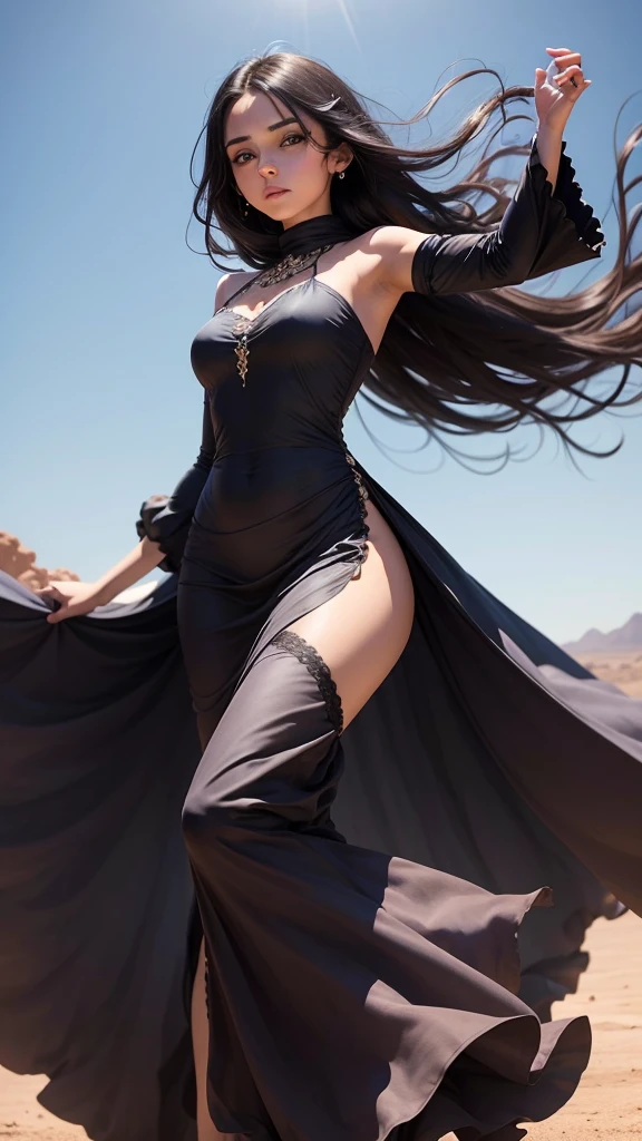 Beautiful young dark girl wearing a flowing gown spreading in the air , feeling the cool air in a beautiful desert area, lmage a little dark