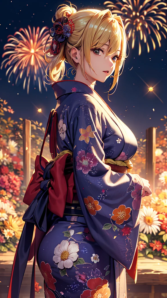 masterpiece, high quality, 4K, Beautiful design, silhouette，blonde， 非常に詳細な夜のStarry Sky,Flower Field， wonderful, Finer details,  Very knowledgeable woman, Highly detailed solo, 1 female,Big Breasts，Red color yukata，Night view，Starry Sky，Fireworks in the background，