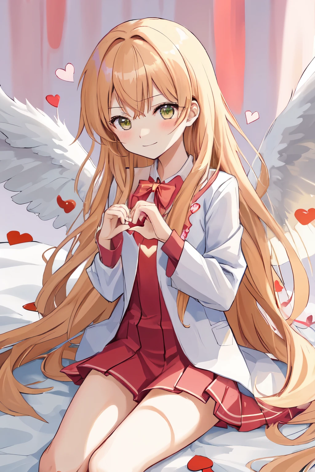 1_girl, (anime, kawai:2), (masterpeice, best_quality, clean:1.5), (sky_background:1.2), (cute, cute_smile, wholesome, young:2), (delicate, extremely_delicate, beautiful, thin:1.5), (girlfriend, angel:2), (green_eyes, simple_eyes:1.8) (long_hair, blond_hair:1.8), (combat:1.2), (wearing_pink_dress, pink_angel_wings:1.6), (combat:1.2), extremely_delicate, (love_magic:1.5), (age_size_fits_body), (small_thighs:1.3), (breasts), (eye_level:1.3), (heart_magic, love:1.8), (warm:1.8), (folded_legs:1.5), (cheerful:1.3)