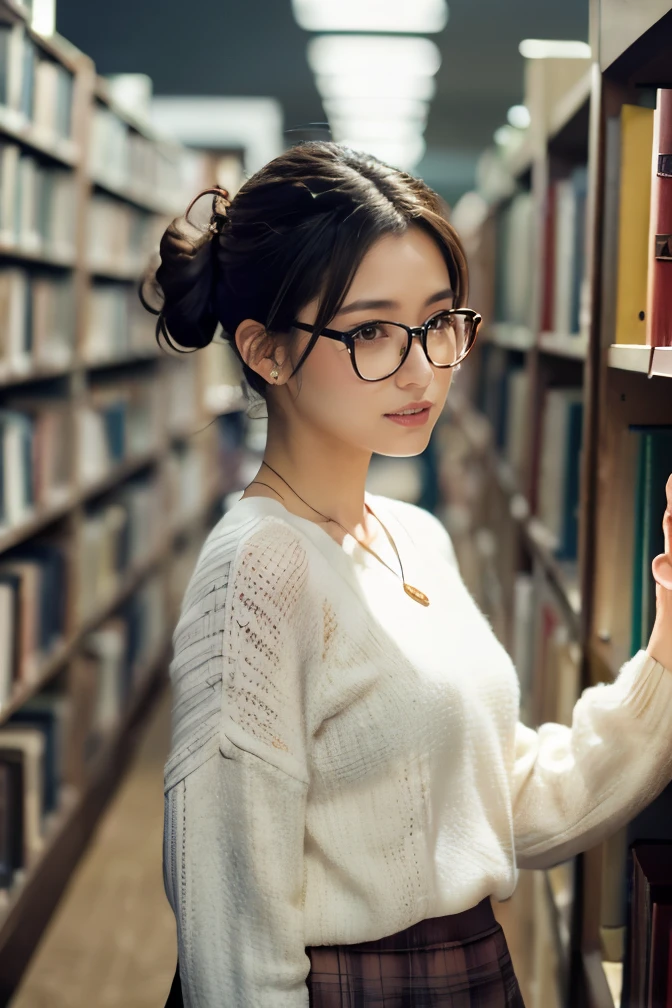 (8k, RAW photo, best quality, masterpiece), (photo realistic), outstanding details, ultra-high resolution, anatomically correct, textured skin, (Extremely precise and accurate anatomy),
Ultra Detailed Face, Detailed Eyes, detailed glasses,
A cute Japanese girl, Carrying a few books in the library,
(looking at viewer:1.4),
(fearless smile:0.1), (Mouth slightly open),
(chignon:1.4), low chignon, (Small cute nose:1.2) , (small cute mouth:1.2),
white simple summer sweater,
dark brown hair, Forehead,
(simple cotton flared skirt:1.4) , Light brown skirt, long length skirt,
Earrings, Necklace,
(background Spacious library interior, many bookshelves),
(backlighting),
reflection light from below,
atmospheric perspective, depth of field,
(dramatic lighting), cinematic lighting,