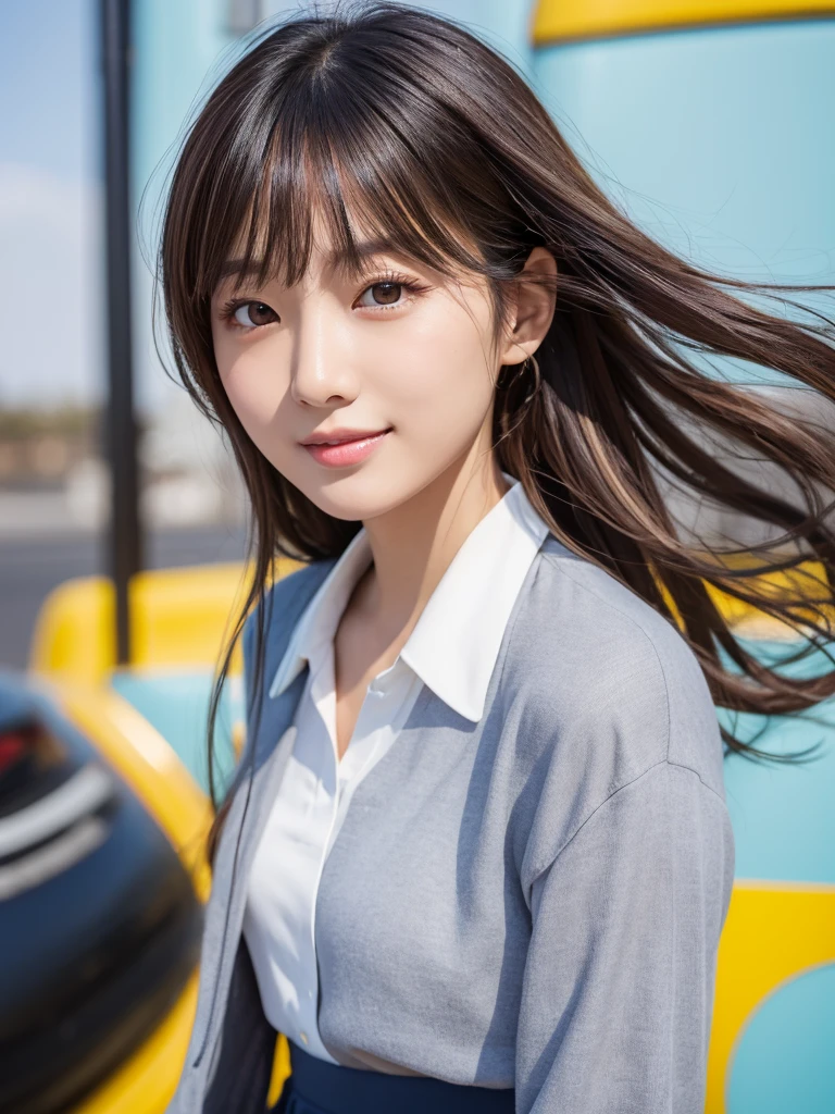 Beautiful Japanese Woman, soft skin and perfect face, A small face with a nose and rosy lips, Beautiful Eyes, Beautiful smile. black, Surrounded by a bright, ethereal glow、Thin, long, beautiful hair. A loose, medium hairstyle with gradation highlights and grey layers, Navy band collar shirt x yellow houndstooth flare skirt, Bright neon colorful background, Hyperrealistic female photos, High quality high resolution 8K masterpiece