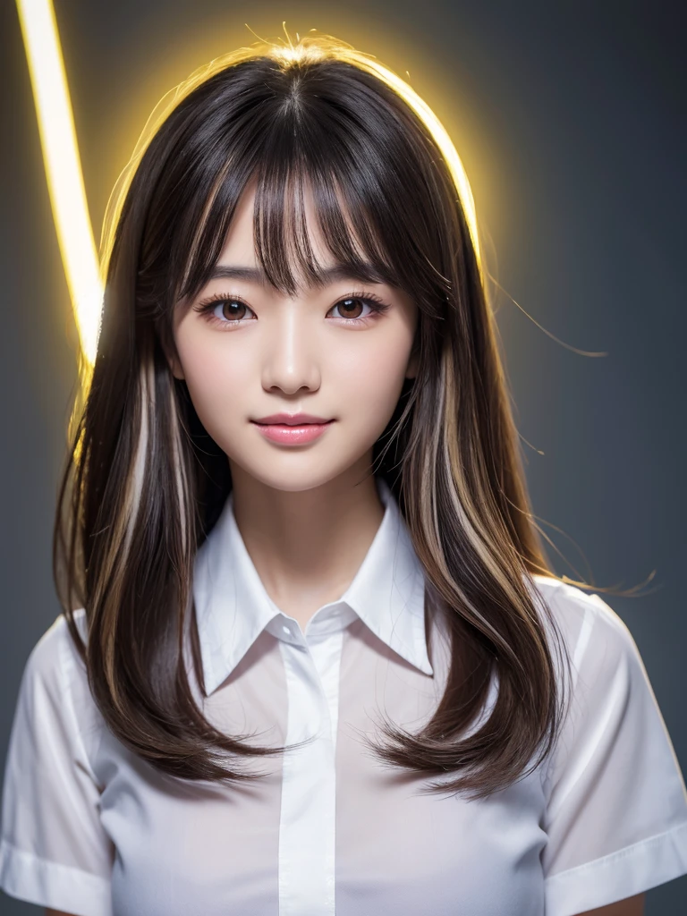 Beautiful Japanese Woman, soft skin and perfect face, A small face with a nose and rosy lips, Beautiful Eyes, Beautiful smile. black, Surrounded by a bright, ethereal glow、Thin, long, beautiful hair. A loose, medium hairstyle with gradation highlights and grey layers, Navy band collar shirt x yellow houndstooth flare skirt, Bright neon colorful background, Hyperrealistic female photos, High quality high resolution 8K masterpiece