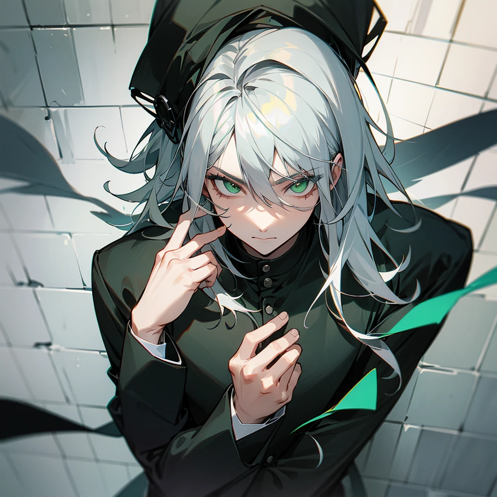 Man dressed in black with silver hair and tile green eyes