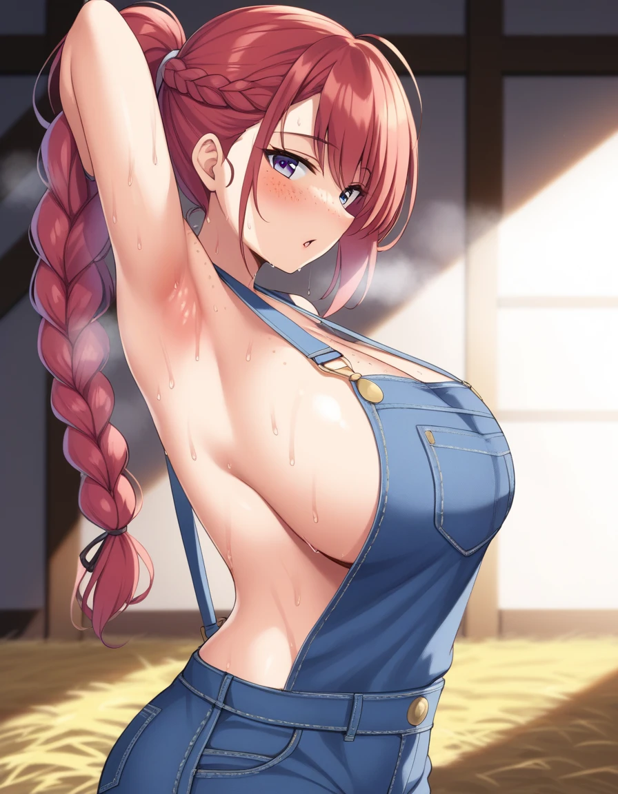 1girl, on stable floor, background, farm girl, (freckles), blush, loose red hair, huge breasts, tomboy, ponytail, ((sweat)), view from side, detailed armpit, in a barn, evening shadows, hot breath, looking at viewer, grinning, dimmed lighting, standing, view from waist and up, armpit focus, sweaty, nude overalls, overalls, ((sweating)), sweat, big ass, wide hips, toned body, presenting armpit, one raised arm, braid, mature,